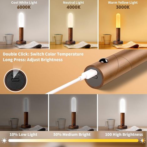 Lampada da parete wireless con sensore di movimento, lampada da parete magnetica in legno 6000K, temperatura di colore/luminosità regolabili, lampada LED ricaricabile per camera da letto/scale/soggior (1/4)