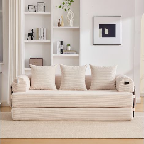 Canapé modulable 200/190 cm beige en velours côtelé avec poche latérale et 3 coussins (1/5)
