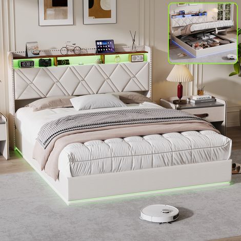 Lit Coffre 140x200cm,Lit Double avec LED et USB/Type-C,Tête de Lit avec Rangements,Cadre de Lit Adulte Adolescent avec Sommier,Lit 2 Place,Tissu lin,Beige (1/5)