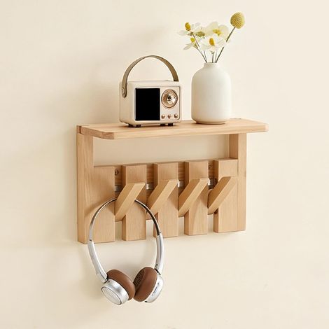 Porte-manteaux mural bois, patère clés, étagère chapeaux, pin massif, entrée, 32 à 81 cm (1/5)