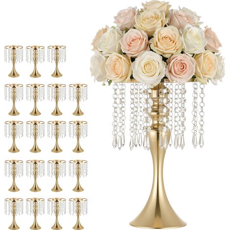 VEVOR Set di Vasi Decorativi per Matrimonio Feste Evento in Metallo 20 pezzi, Vasi Centrotavola di Fiori Altezza 33,5 cm Supporto per Banchetti Decorazioni Interiori, Pendenti in Cristallo, Colore Oro