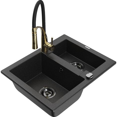 Mexen Carlos fregadero de granito de 1,5 senos con grifo de cocina Aster, negro/plateado metalizado - 6518-73-73450-57-B (1/5)