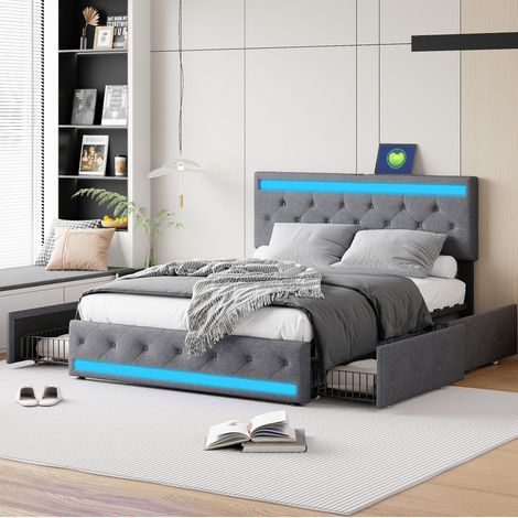 Lit double 160 x 200 cm gris foncé avec LED, rangements à roulettes, USB Type-C, REDOM (1/5)