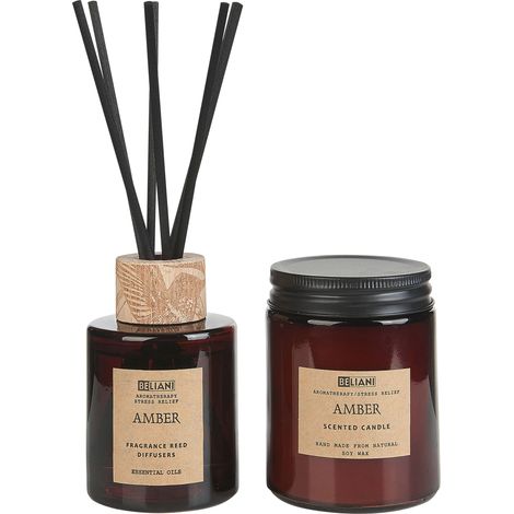 Conjunto de vela aromática y difusor de varillas soja 100% envase de vidrio oscuro oriental ámbar Dark Elegance (1/5)