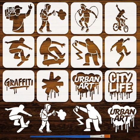 12Pcs Pochoir de Graffiti de Rue Avec Pinceau 15x15cm Modèle de Silhouette de Personnes Vélo Haut Parleur Skateboard Mots Modèle de Thème Graffiti pour Peinture sur Bois (1/5)