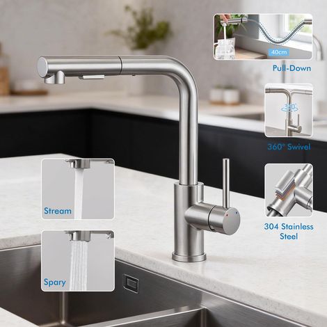 Mitigeur de cuisine haut de gamme, extractible avec douchette, pivotant 360°, 2 types de jets, acier inoxydable brossé, robinet robuste et facile à nettoyer, monocommande (1/5)