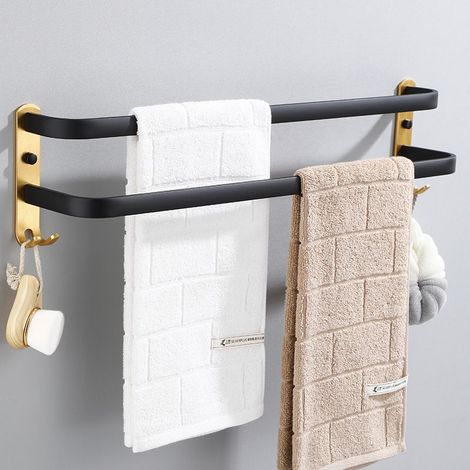 Porte-Serviettes Mural avec 2 Crochets Porte Serviettes Salle de Bain Etagères Serviette en Aluminium Noir + Or 2 Couche 40cm (1/5)