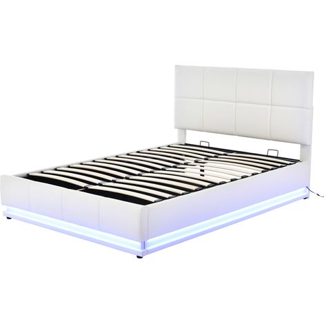 Lit coffre 140x200 cm LED relevable hydraulique en simili cuir blanc (1/5)