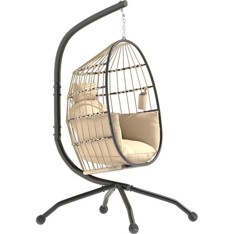 Klappbarer, eiförmiger Hängesessel, für drinnen und draußen, gepolstertes Kissen, Stahlrahmen, beige