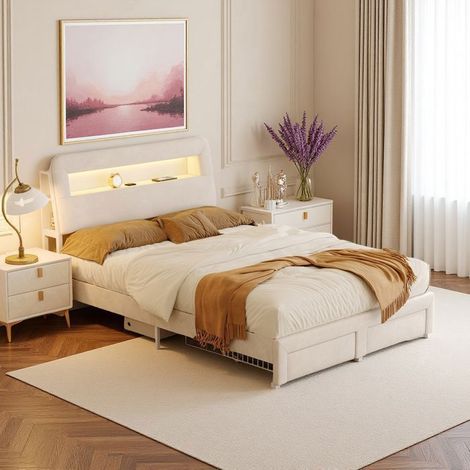 Bett 140x200 cm aus beigem Velours mit integrierter LED, USB-Anschluss und Schubladen - Lattenrost inklusive