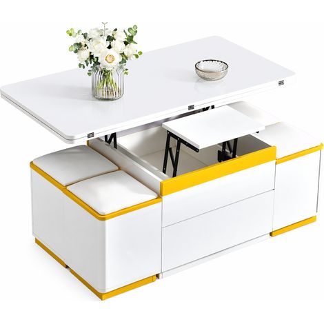 Table basse relevable et extensible avec rangement, 4 tabourets coffres, design blanc et jaune pour petit salon, MDF et panneaux de particules – CHICFURN (1/5)
