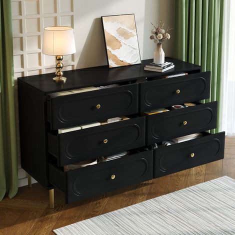Buffet bas 6 tiroirs, niches ovales, pieds métalliques, meuble de rangement design pour séjour moderne (1/5)
