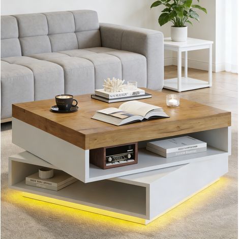 Table basse carrée 65 x 65 x 40 cm pivotante à 360°, LED, MDF blanc et bois HAVRYA (1/5)