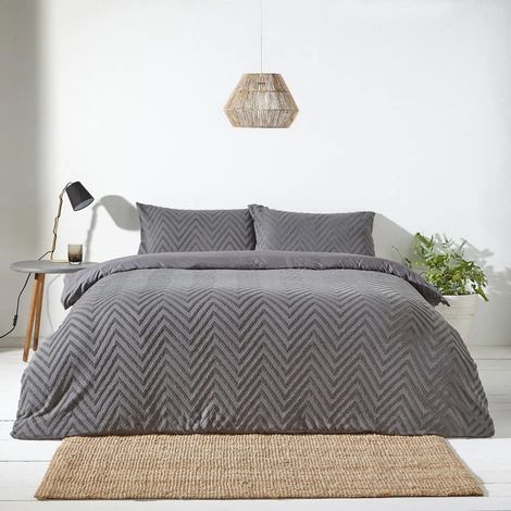 Parure de lit King Size en Coton avec Housse de Couette à Chevrons - Anthracite (1/5)
