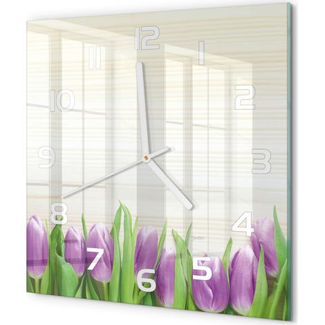 Horloge Murale Carrée Minimaliste en Verre Trempé Silencieuse Design Moderne Tulipes violettes 30x30 cm (1/5)