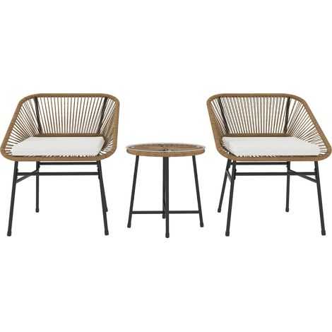 Set da Giardino 3 Pezzi 2 Sedie e Tavolino con Piano in Vetro in Rattan PE Legno Naturale Beige e Nero (1/5)