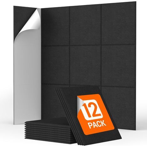 12 pannelli fonoassorbenti autoadesivi da parete, 30 x 30 x 0,9 cm, in schiuma fonoassorbente ad alta densità, adatti per l'insonorizzazione di uffici, neri. (1/5)