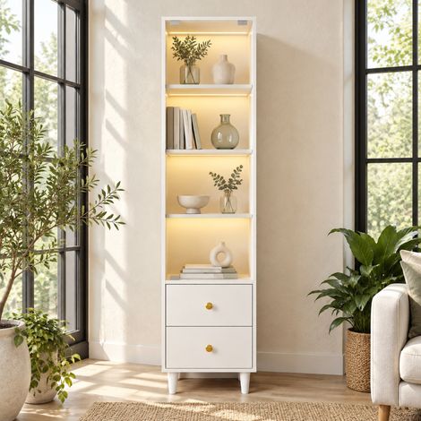 Librería con puertas de cristal y 2 cajones, LED integrado, blanca 165 x 40 x 35 cm HAVRYA (1/5)