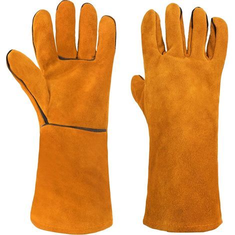 Gants de Barbecue en Cuir, Gants de Four Anti Chaleur, Gants de Soudage, Résistant au Feu et à la Chaleur, pour Le Barbecue, Pâtisserie, Four, Soudure, Cheminée, Jardinage - Jaune