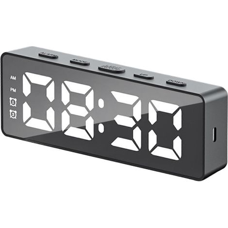 Réveil numérique de bureau multifonction à LED avec 2 alarmes, thermomètre d'ambiance et miroir de maquillage, double alimentation, noir. (1/5)