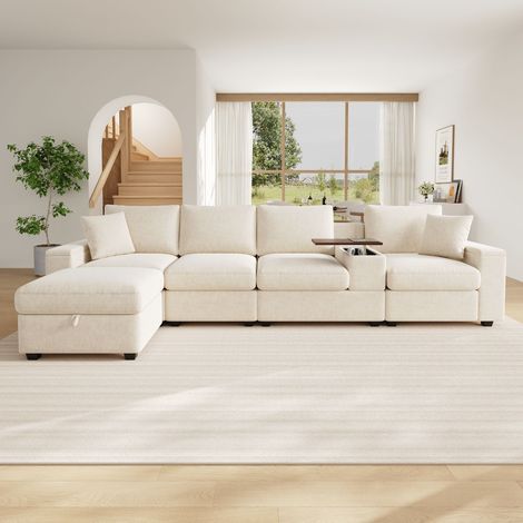 Canapé d’angle modulable 5-6 places 313x147x82cm avec pouf, rangements,USB-C,porte-gobelets et tablette pivotante,chenille, Beige (1/5)
