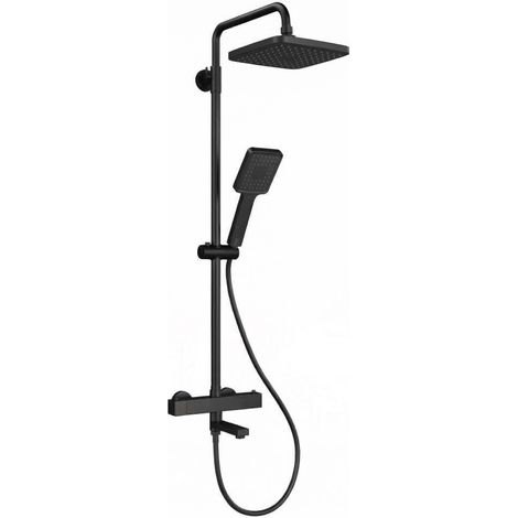 Système de douche thermostatique bain/douche – Sécurité 38°C anti‑brûlure – Tête pluie carrée 25 cm – Douchette 3 jets – Flexible 1,5 m – Inox 304 – Noir mat – Square top and bottom water outlets (1/5)