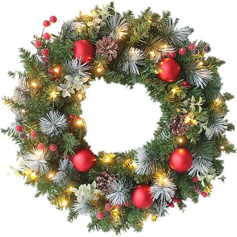 Corona navideña para puerta principal con 20 LED, luces de cadena de PVC, funciona con pilas, luces de cadena rojas y verdes para puerta principal con pajarita, bolas navideñas, bayas, (1/4)