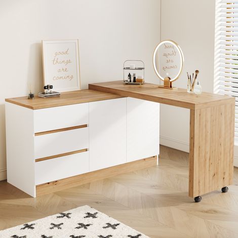 Scrivania pieghevole 120 x 50 x 78 cm con ruote e contenitore, bianco/rovere OKMYHOME (1/5)