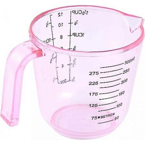 Tasse à mesurer de cuisine en plastique transparent rose de 300 ml pour farine, sucre et lait, utilisable en cuisine. (1/3)