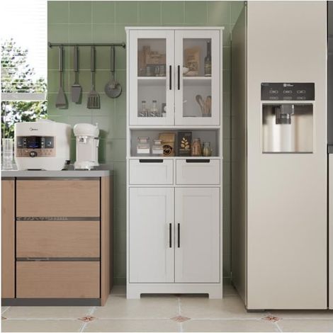4 Porte 2 Cassetti 1 Scomparto di Stoccaggio Armadio Alto / Buffet in MDF Verniciato Bianco (1/5)