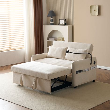 Divano letto a 2 posti in ciniglia, divano moderno con schienale regolabile, porta cellulare e porta USB, 129x76x81 cm, beige (1/5)