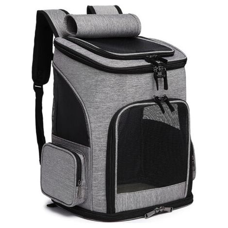 Sac à dos extensible pour chat et petit chien avec laisse de sécurité intégrée et 2 coussinets pour animaux, gris (1/5)