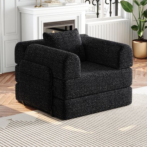 Sofá cama convertible individual de chenilla con almacenaje en reposabrazos, negro OKMYHOME (1/5)