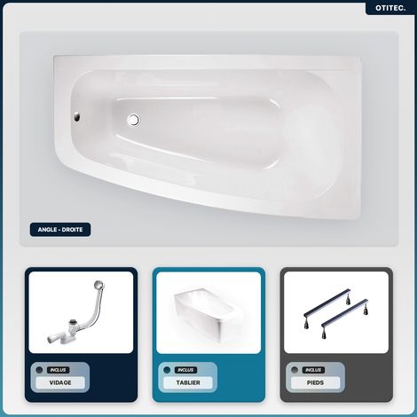 Baignoire asymétrique - 150 x 80 cm - Droite - avec Tablier - Pieds - Vidage Chrome - LUNA (1/5)