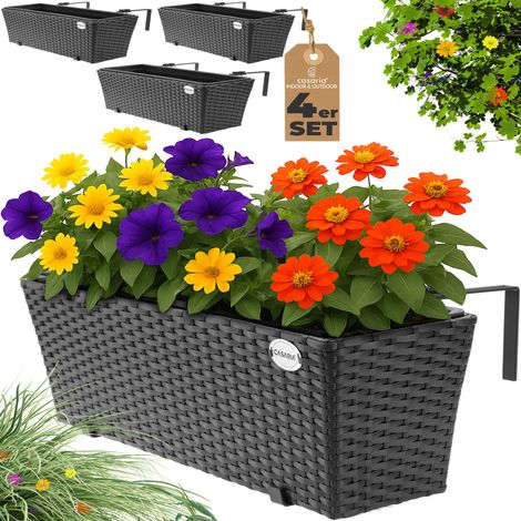 Casaria Set of 4 Flower Boxes Mountable Indoor Outdoor Railing Balcony Planter Box 11 Litres Black Brown Cream Grey Black (1/5)