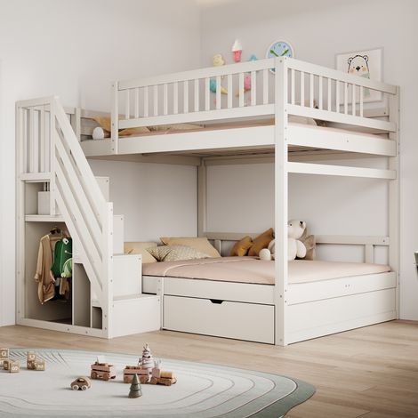 Lit superposé 140 x 200 cm, lit enfant avec sommier à lattes, 2 tiroirs de rangement et escalier, barrière de sécurité haute, design, Blanc (1/5)