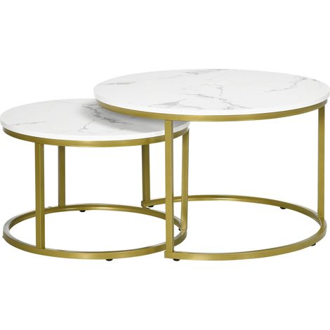 Set aus 2 ineinander schiebbaren Couchtischen, runde Tische mit Marmoroptik-Platten und Stahlbeinen, Ø 74 x 46,3 cm, weiß und gold
