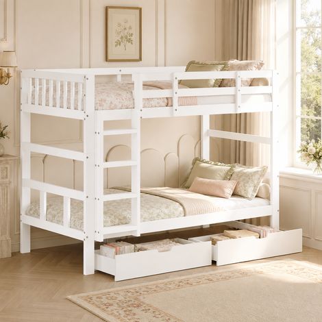 Litera infantil 90 x 200 cm, convertible en 2 camas individuales con 2 cajones de almacenaje y barrera de seguridad, madera maciza de pino, blanco (1/5)