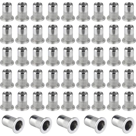 QAZQA 50 PCS M6 Acier Inoxydable 304 Rivet Écrou, Écrous à Sertir Rivet Écrou à Tête Plate Nutsert en Acier Écrou Outil Plat Tête Filetée Rivet Nutsert Ecrous de Rivet Insert Filetage Métrique (1/5)