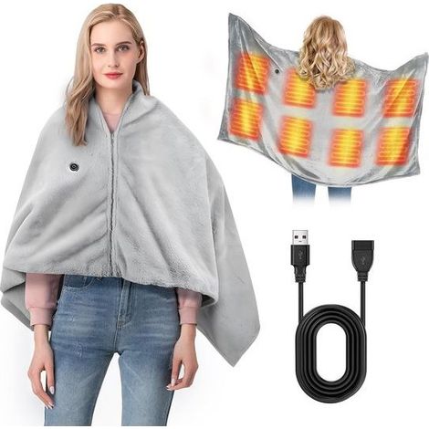 Châle chauffant USB - Couverture chauffante sans fil portable - 3 réglages de chaleur - Poncho avec fermeture éclair - Pour extérieur, voiture, voyage, camping - Lavable en machine (1/5)