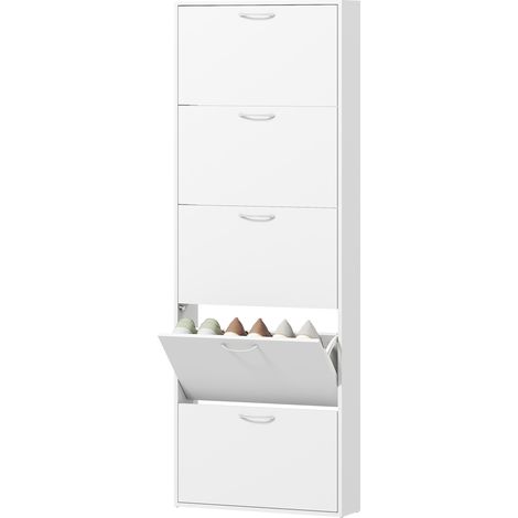 Schmaler Schuhschrank für 15 Paar Schuhe, 5 Kippschubladen, 65 x 17 x 180,5 cm, weiß (1/5)