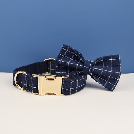 Collier pour chien à motif carreaux avec nœud papillon, ajustable, en tissu, XS, bleu marine (1/2)