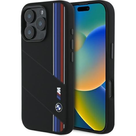 BMW BMHMP16X23SCUK iPhone 16 Pro Max 6,9 Zoll schwarze/schwarze Hartschalen-Silikonhülle mit dreifarbigen Linien und MagSafe-Anschluss (1/5)
