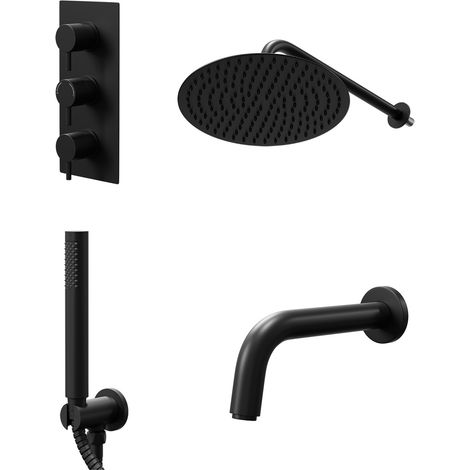 Colore Round Matt Black Concealed Triple Thermostatic Shower Valve with Diverter and 300mm Fixed Head with 345mm Wall Arm and Outlet Holder with Kit and Bath Spout - 3 Outlet (1/5)