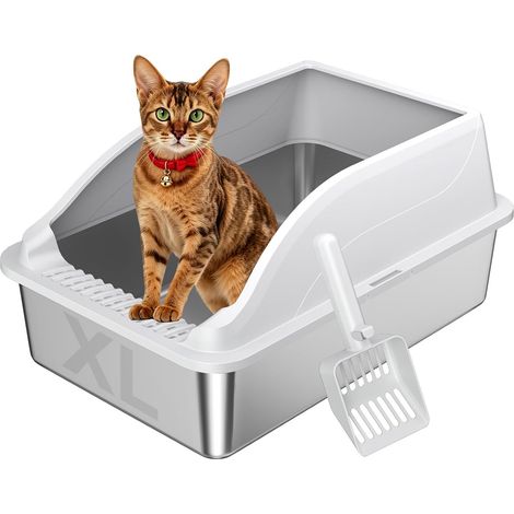 Katzentoilette aus Edelstahl – 1 Stück – Edelstahl – Geruchsneutral mit hohem Rand und Schaufel – Für ausgewachsene Katzen – Hellgrau (1/5)
