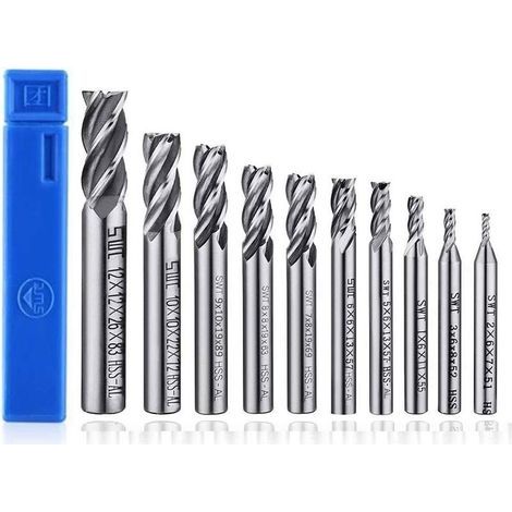 Lot de 10 forets à 4 cannelures - de 2 à 12 mm Fraise en Bout- Ensemble de forets à tige droite HSS CNC pour perceuse - Ensemble d'outils pour bois, aluminium, acier et titane (1/5)