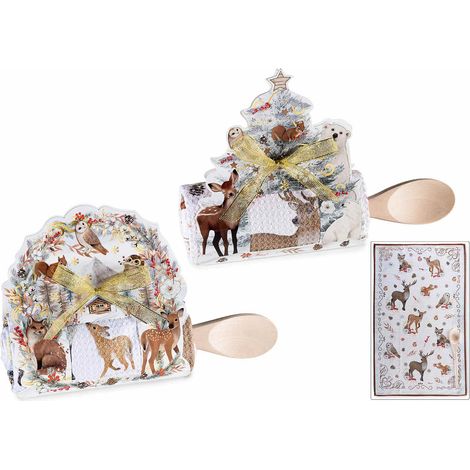 Set con confezione regalo con asciugapiatti in microfibra, stampa animali del bosco e cucchiaio in legno, set da 2 pezzi, Asciugapiatti: cm 38 x 64 H