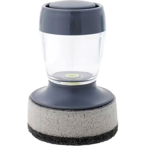Brosse à vaisselle avec distributeur de savon, brosse à récurer de cuisine pour vaisselle, casseroles, poêles, éponge à récurer avec support (poignée grise et éponge à récurer) (1/4)