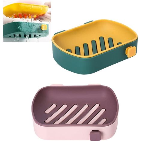 Porte-savon 2 pièces, porte-savon double couche, porte-savon en plastique multicouche avec drain, porte-savon mural collant sans perçage, porte-savon de cuisine de salle de bain de douche (jaune/rose)