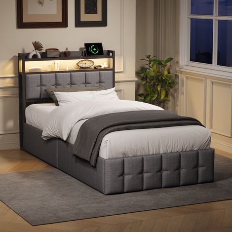 Superaly - Lit Simple Coffre 140x200 cm - Éclairage LED - port USB – Rangement Hydraulique – Lit Rembourré de Style Moderne – Sommier à Lattes – Assemblage simple - Pour petits espaces - Lin - Gris (1/5)